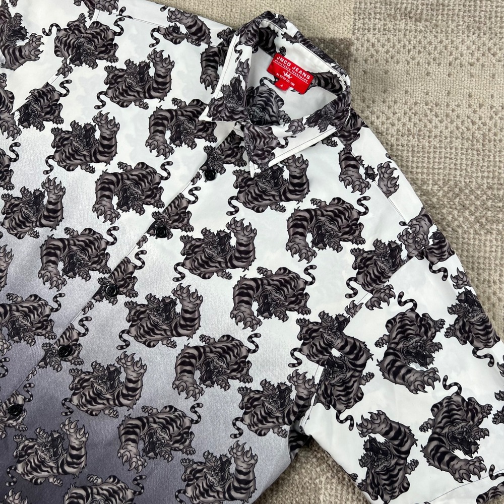 Y2K JNCO Jeans Mens Tiger Print Ombre Button Up Shirt White Gray Black Large L